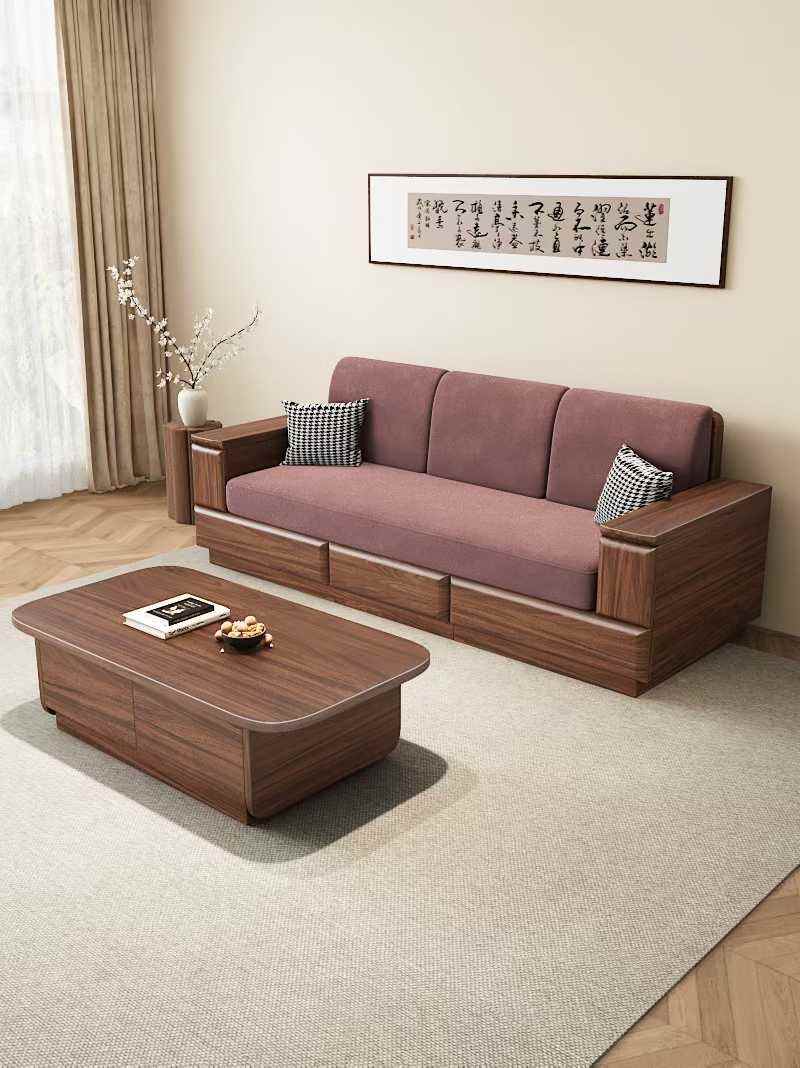 黑胡桃直排沙发，2.8米直排四人位，黑胡桃全实木， 水性漆，高密度海绵绒布面料(图2)