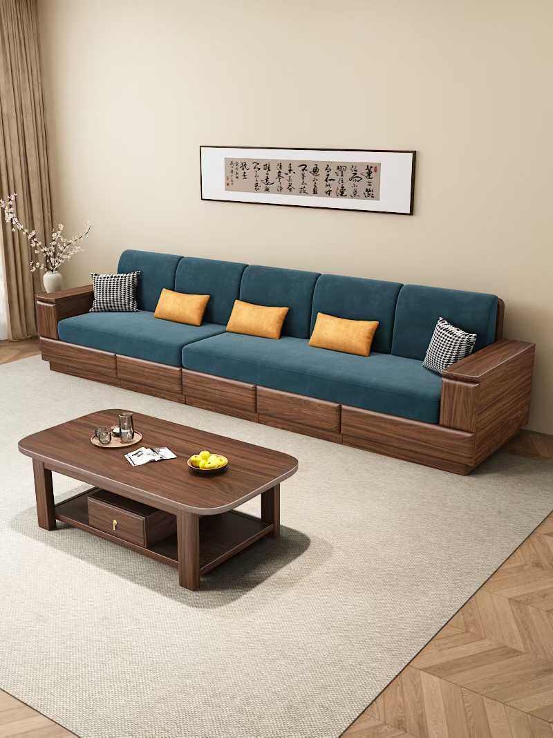 黑胡桃直排沙发，2.8米直排四人位，黑胡桃全实木， 水性漆，高密度海绵绒布面料(图1)