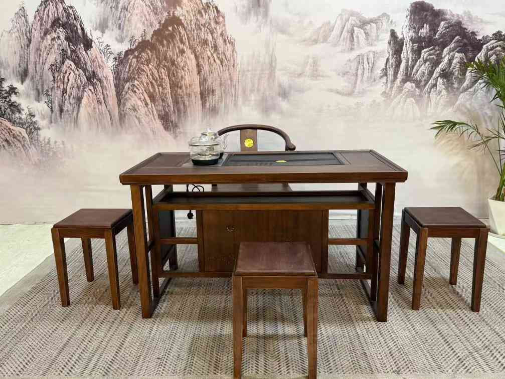 鸿星#小茶台 尺寸：1.23m*65*70cm 配置：一主三副+玻璃养生壶 材质：非洲胡桃木材质(图1)