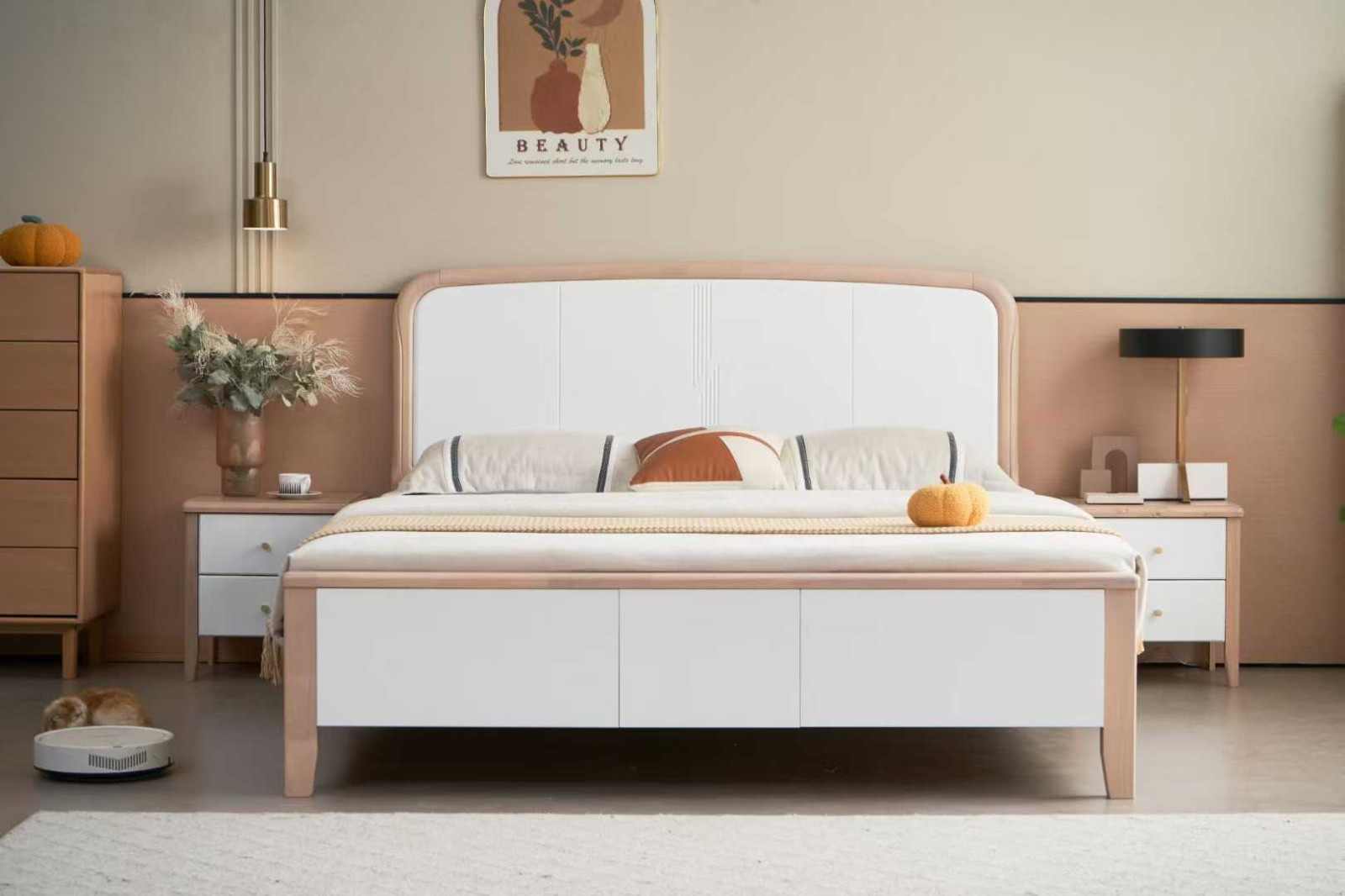 尺寸：1.5m/1.8m 材质：全橡木框架 颜色：杏➕白，灰+白，摩啡+白(图1)