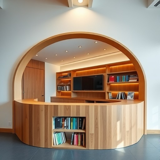 川沙新镇民宿定制：公共书吧弧形前台设计